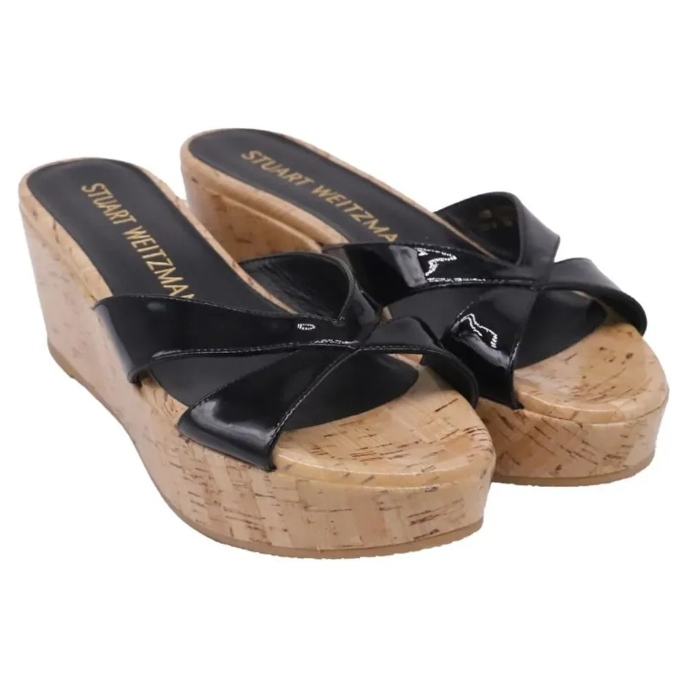Stuart Weitzman Carmen Wedge Sandals in Black Patent Leather